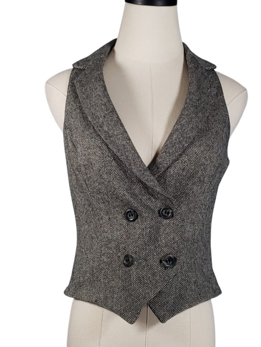 United Colors Of Benetton Vintage Herringbone Tweed Halter Vest Waistcoat Wool S